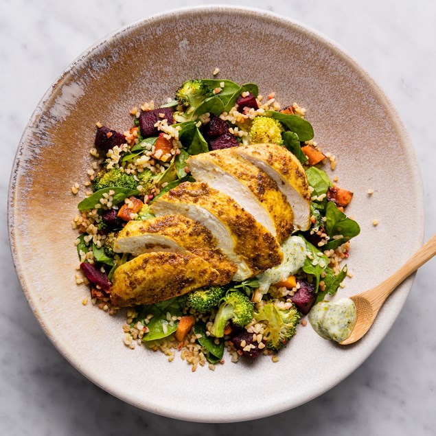 Spiced Chicken and Chimichurri Yoghurt with Bulgur and Roast Vegetables