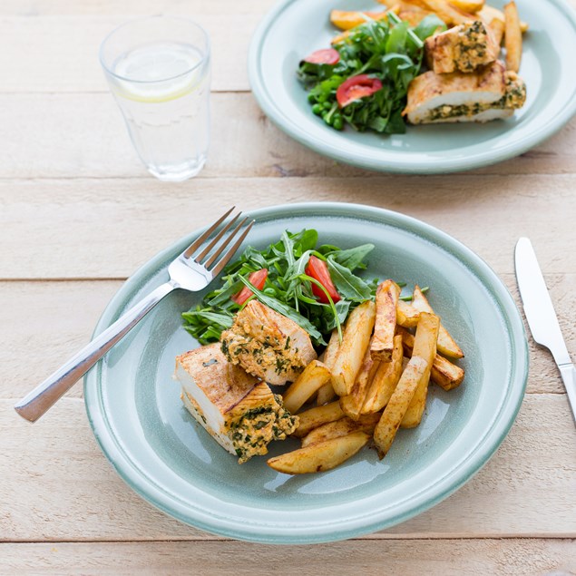 Stuffed Chicken Breasts with Paprika Chips and Rocket Salad