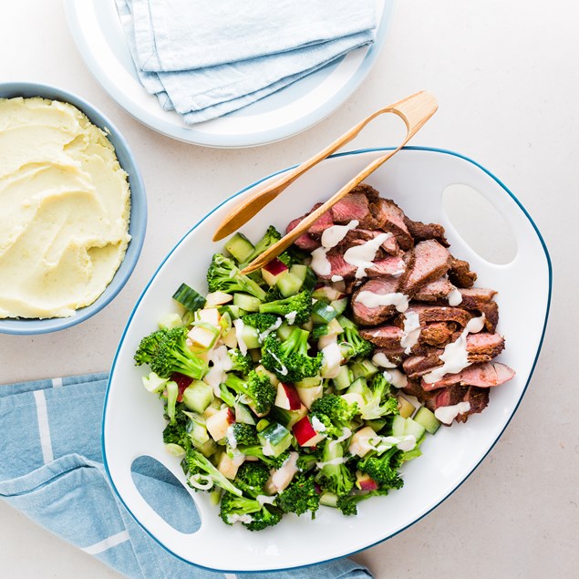 Lamb Rump Steaks with Mashed Kumara and Broccoli Apple Salad