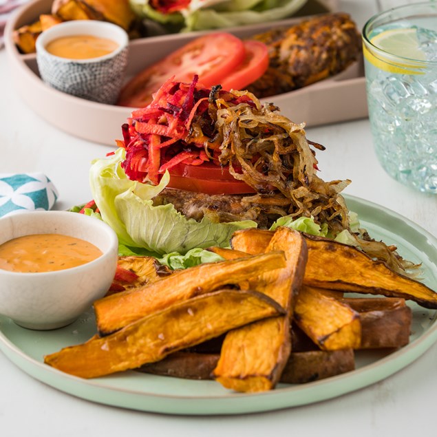 Naked Beef Burgers with Kumara & Potato Wedges