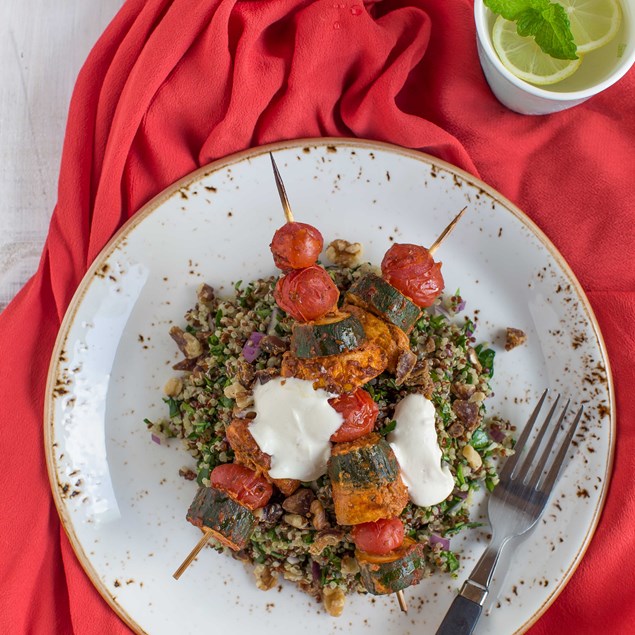 Harissa Vegetable Skewers with Quinoa Tabbouleh and Tahini Yoghurt