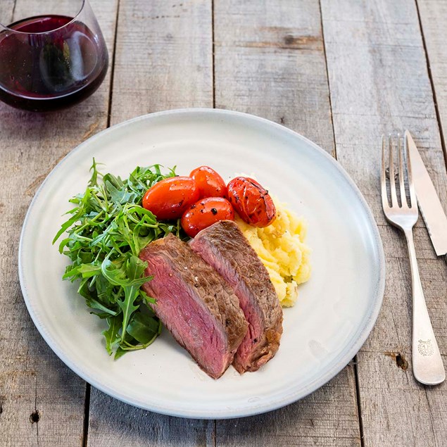 Beef Sirloin with Balsamic Tomatoes and Parmesan Oregano Mash