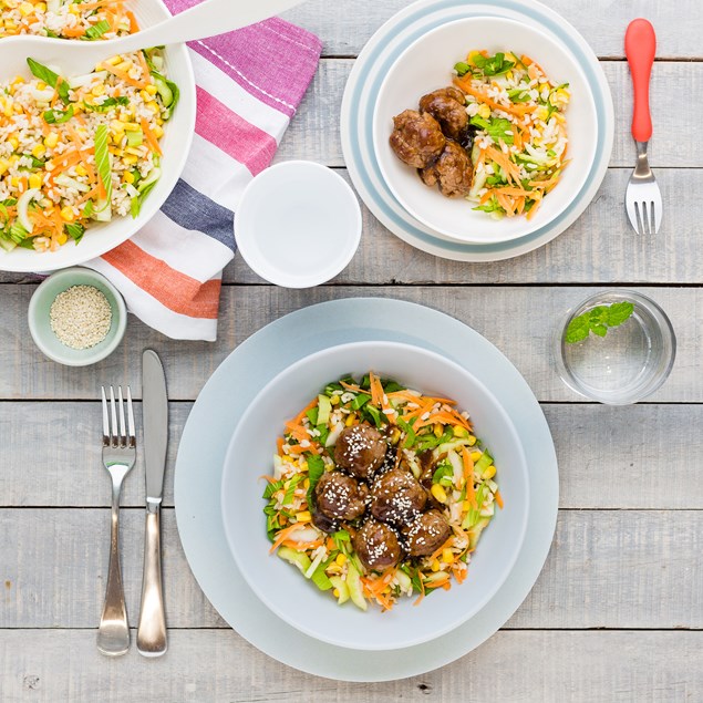 Teriyaki Pork Meatballs with Japanese Veggie Rice