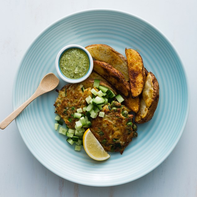 Courgette Haloumi Fritters with Potatoes and Watercress Pesto