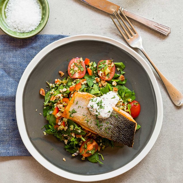 Crispy Salmon with Freekeh Tabbouleh and Dill Caper Mayo
