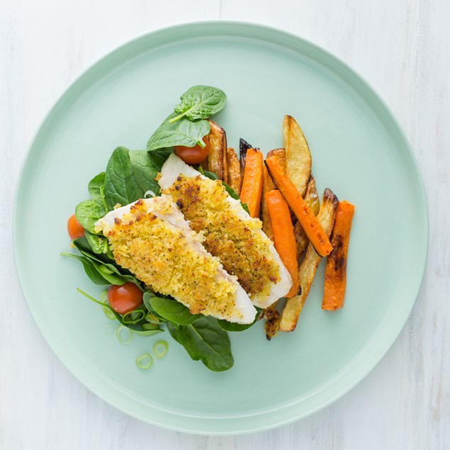 Lemon Pepper Crumbed Fish with Veggie Chips and Spinach Salad