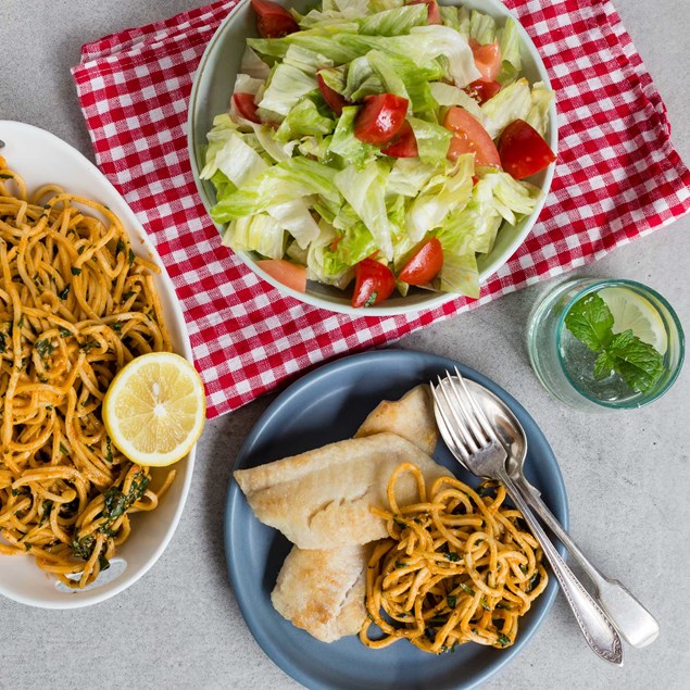 Pan-Fried Fish with Tomato Pesto Spaghetti and Salad