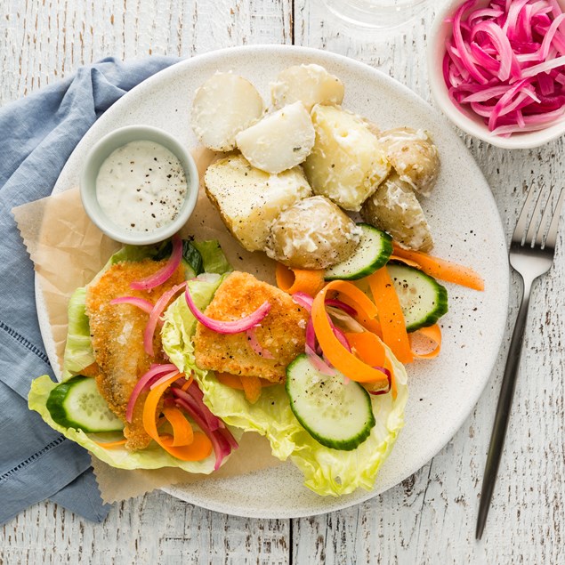 Crispy Fish Lettuce Wraps with Tartare Potato Salad