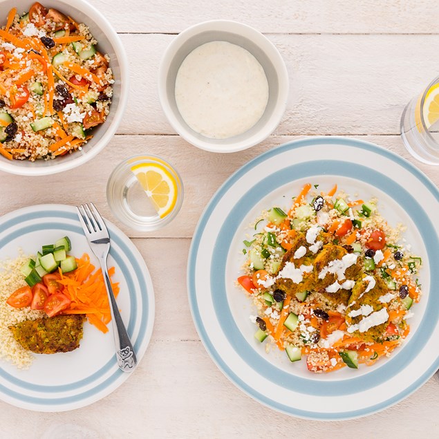 BASIL FALAFEL WITH COUSCOUS SALAD AND LEMON HUMMUS