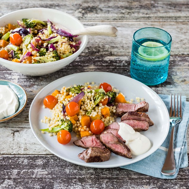 Lamb with Roast Veggie and Pearl Couscous and Tahini Yoghurt