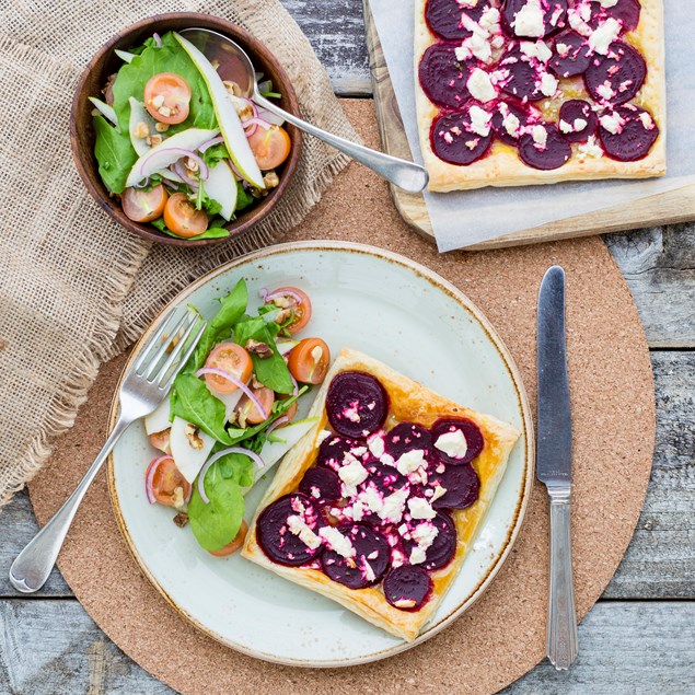 Beetroot Feta Tarts with Rocket and Pear Salad