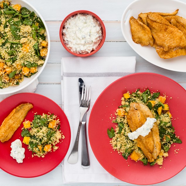 Spiced Fish with Lemony Couscous and Cucumber Dip