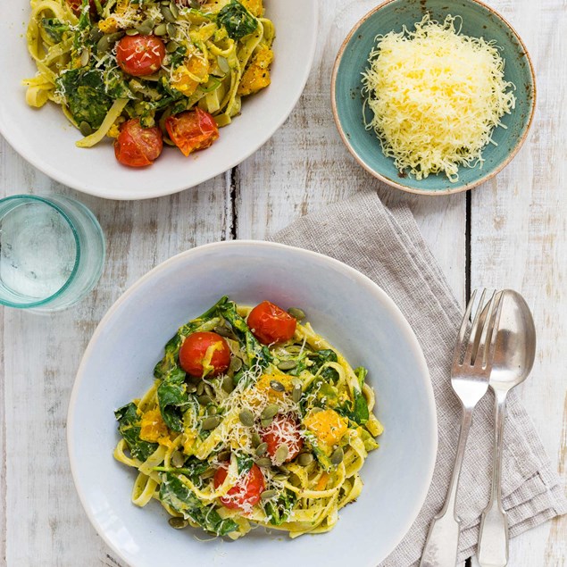 Creamy Pesto Fettuccine with Pumpkin and Spinach