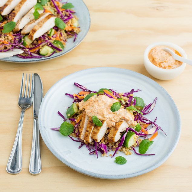 Moroccan Chicken with Spiced Bulgur and Eggplant Aioli