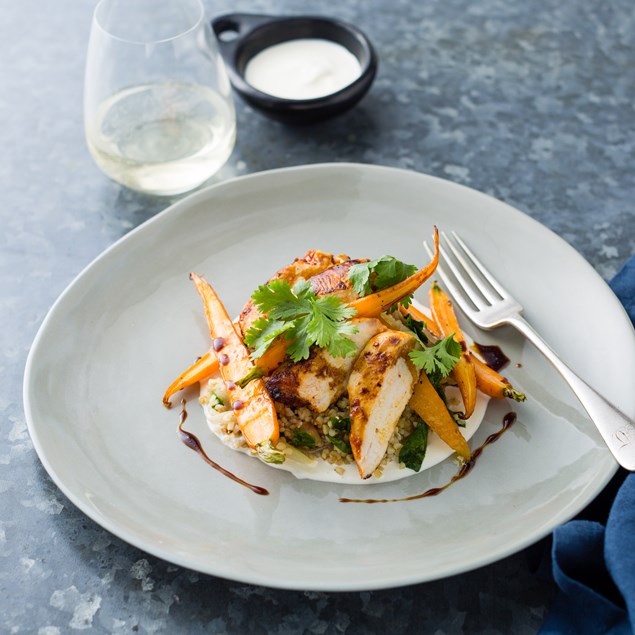 Harissa Chicken with Fennel Bulgur Pilaf and Tahini Yoghurt