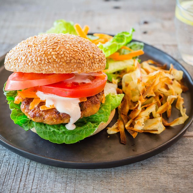 Southwest Turkey Burgers with Parsnip Chips