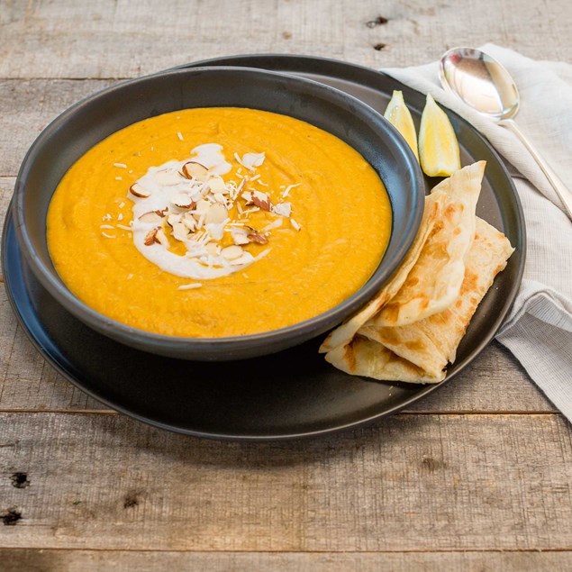 Spiced Roast Veggie Soup with Roti Bread