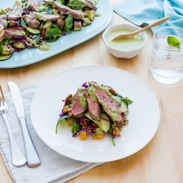 Lamb and Spinach Salad with Basil Pesto Dressing