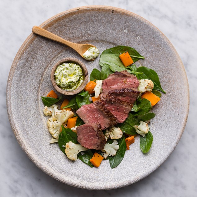 Lamb and Creamy Mint Sauce with Roast Pumpkin Salad