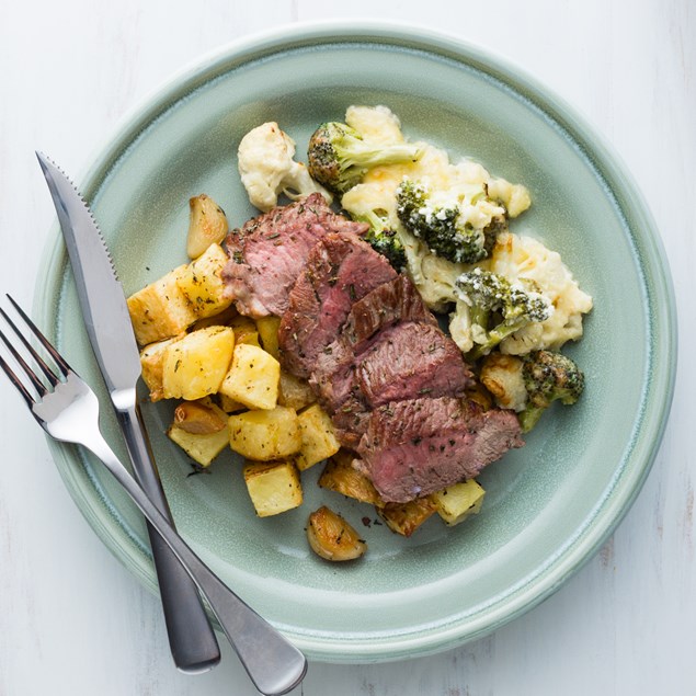 Butterflied Lamb Leg with Garlic Spuds and Brocco Cauli Cheese
