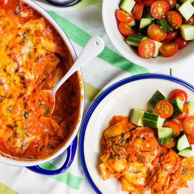 Beef Ravioli Bake with Creamy Veggie Tomato Sauce and Cucumber Tomato Salsa