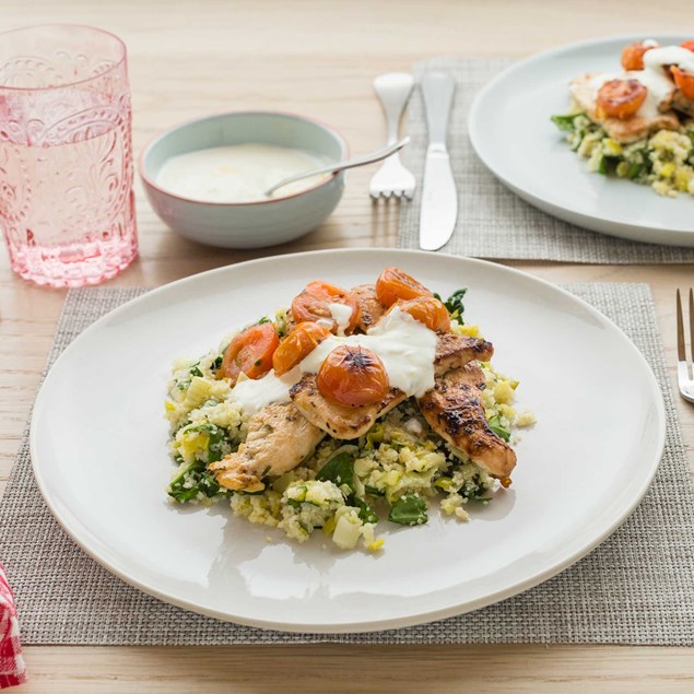 Tarragon Chicken with Lemon, Spinach and Leek Bulgur and Lemon Yoghurt