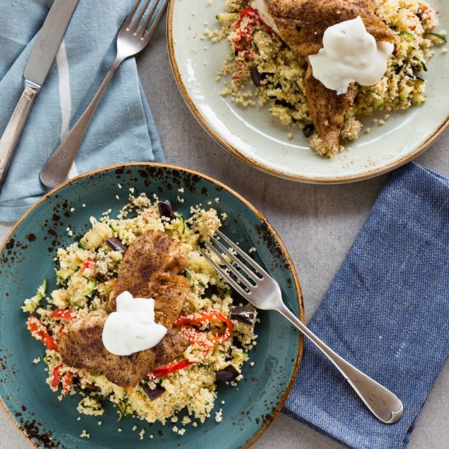 Spiced Fish, Mediterranean Vegetable Couscous and Minty Yoghurt Dressing
