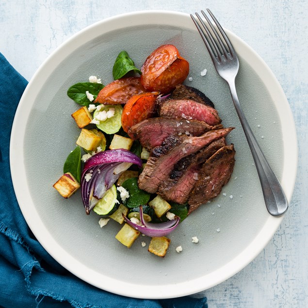 Beef Steaks with Feta Kumara and Balsamic Tomatoes