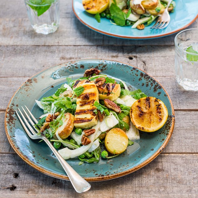 Grilled Haloumi with Roast Potato, Pea and Fennel Salad