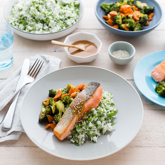 Miso Salmon with Stir-Fried Veggies and Spinach Rice