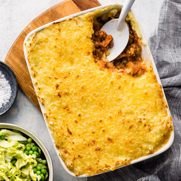 Kumara Topped Lamb Pie with Pea and Avocado Salad
