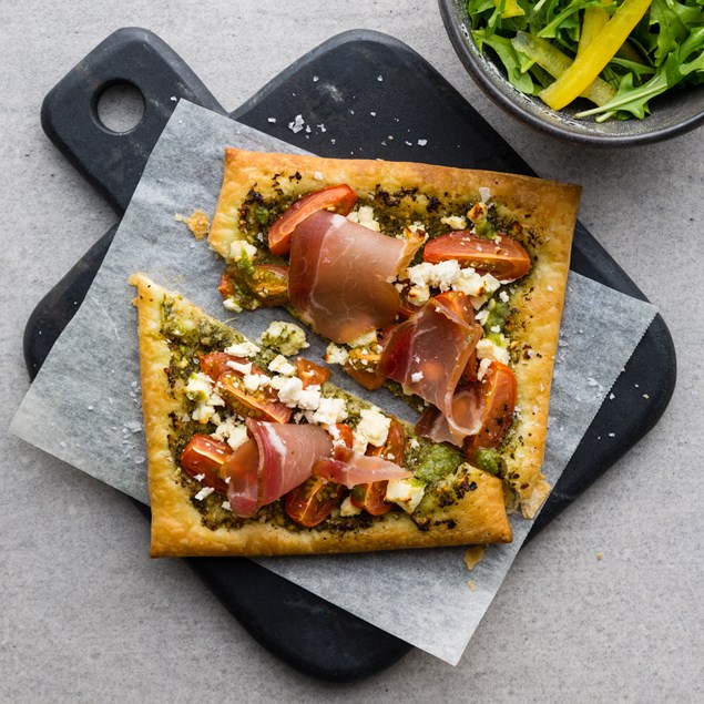 Tomato and Feta Tart with Pesto and Prosciutto 