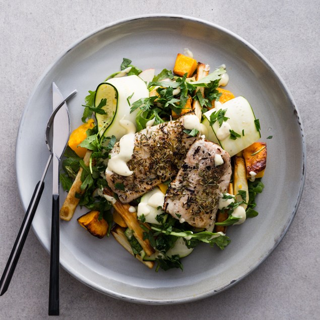 Herbed Fish with Roasted Vegetables and Béarnaise