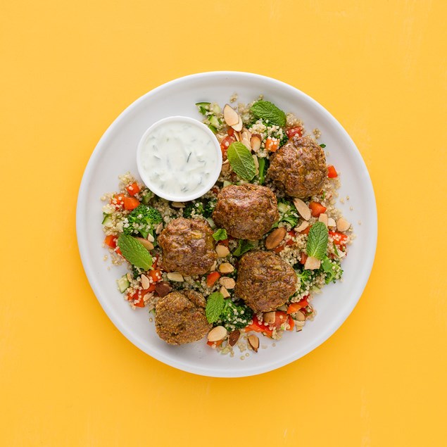 Lamb Kofta and Quinoa Tabbouleh cucumber yoghurt