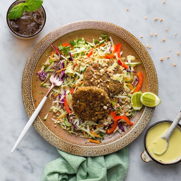 Thai Lentil Cakes with Asian Slaw and Makrut Emulsion