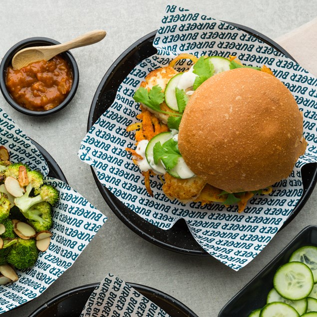 Burger Burger Indian Bhaji Burger with Raita & Garlic Broccoli