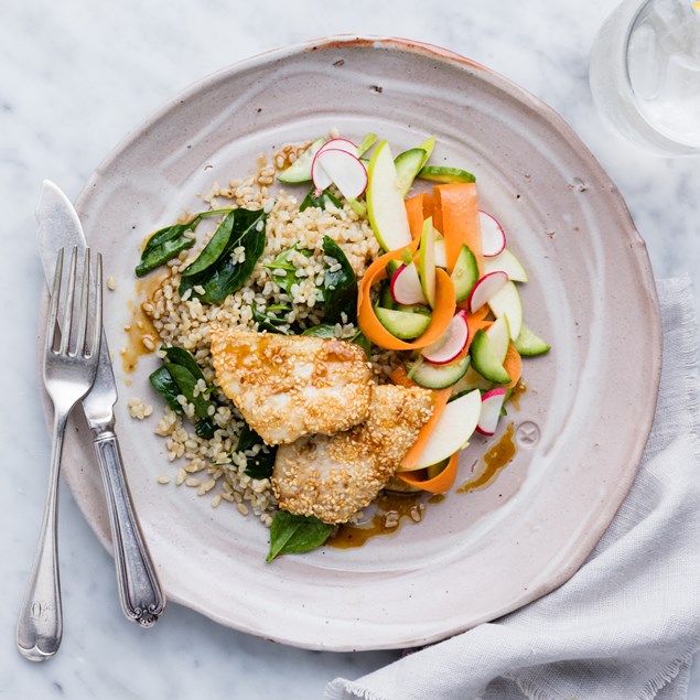 Sesame Fish with Green Rice and Lime Ponzu