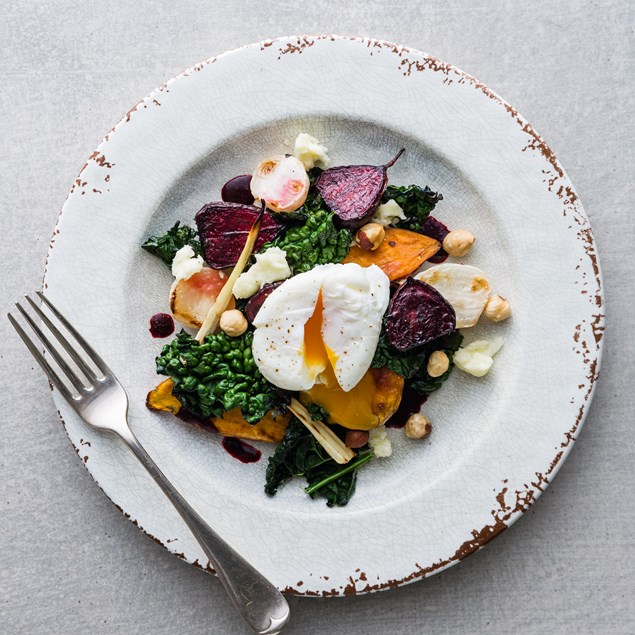 Sheep’s Milk Cheese with Roast Baby Roots and Blackcurrant Vinaigrette