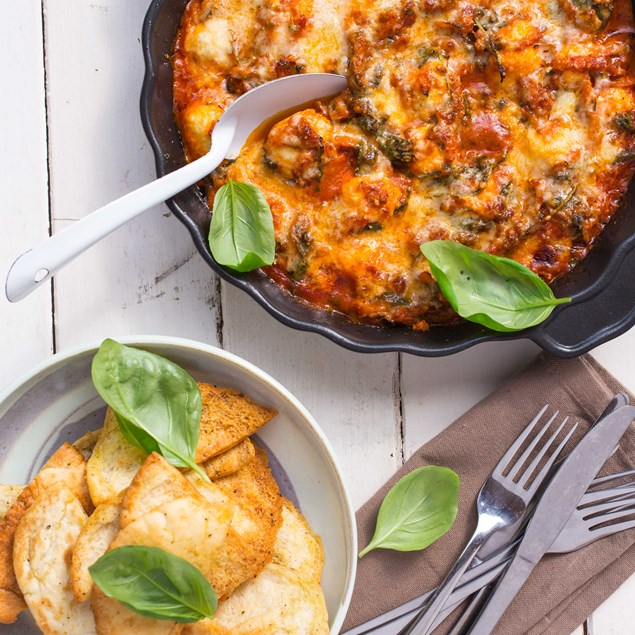 Ricotta Dumplings in Tomato and Vegetable Sauce with Salad and Crispy Pitas