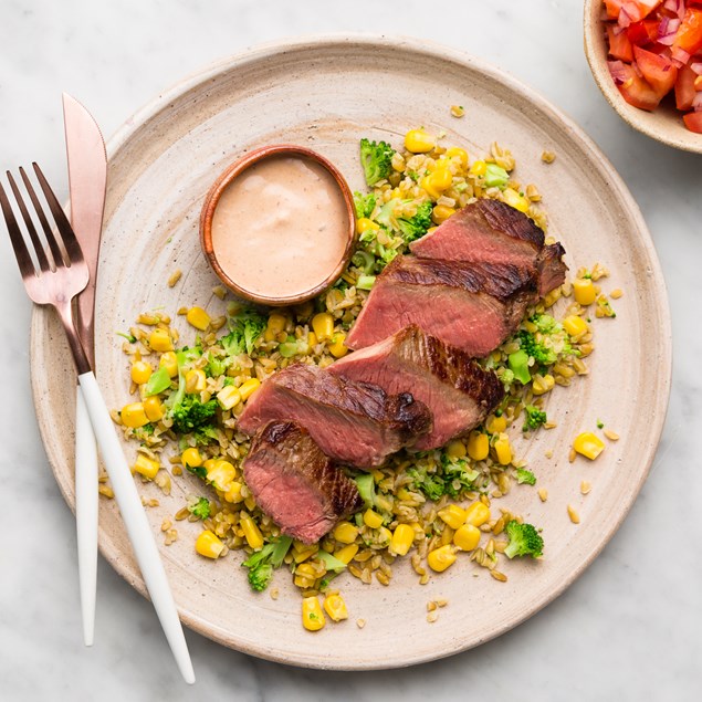 Beef Sirloin Steak with Freekeh Corn Salad and Salsa