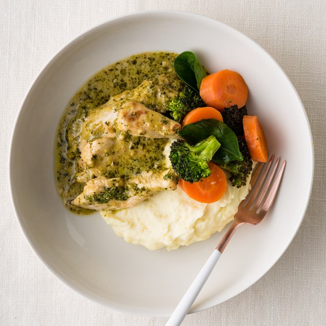 Creamy Basil Chicken with Mash and Roasted Veggies 