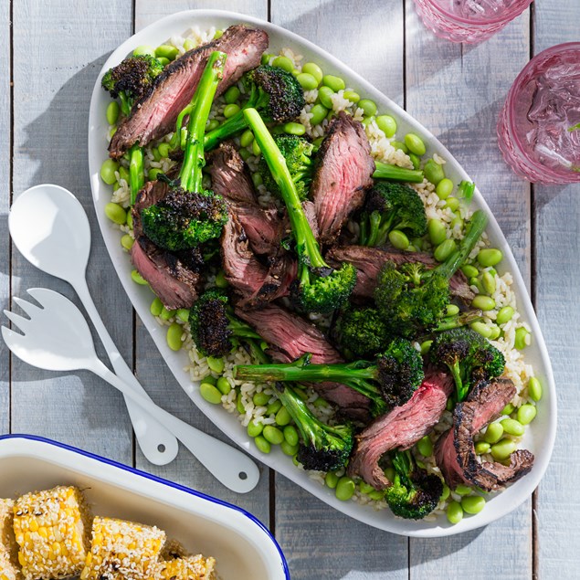 Asian Beef with Edamame Broccolini Salad and Sesame Corn