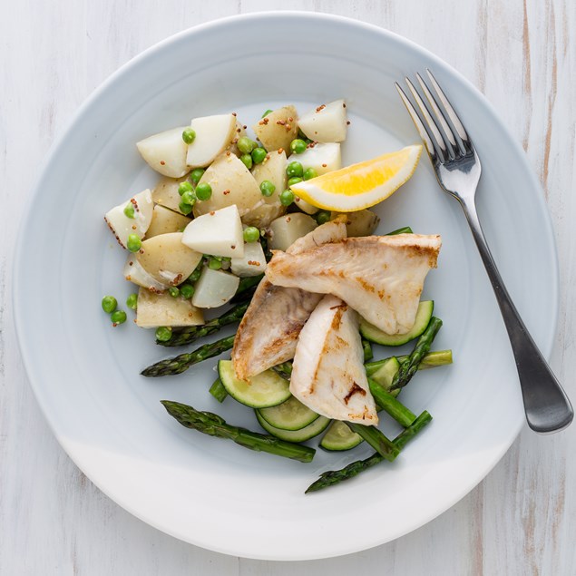 Fish with Potato salad and Stir-Fried Veggies