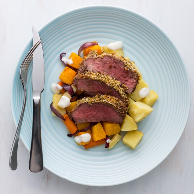 Herb Crusted Lamb Leg with Potato Crush and Honey Yoghurt