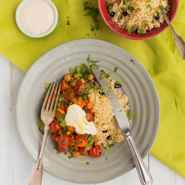 Chickpea and Roasted Vegetable Ragout on Couscous with Lemon Tahini Yoghurt