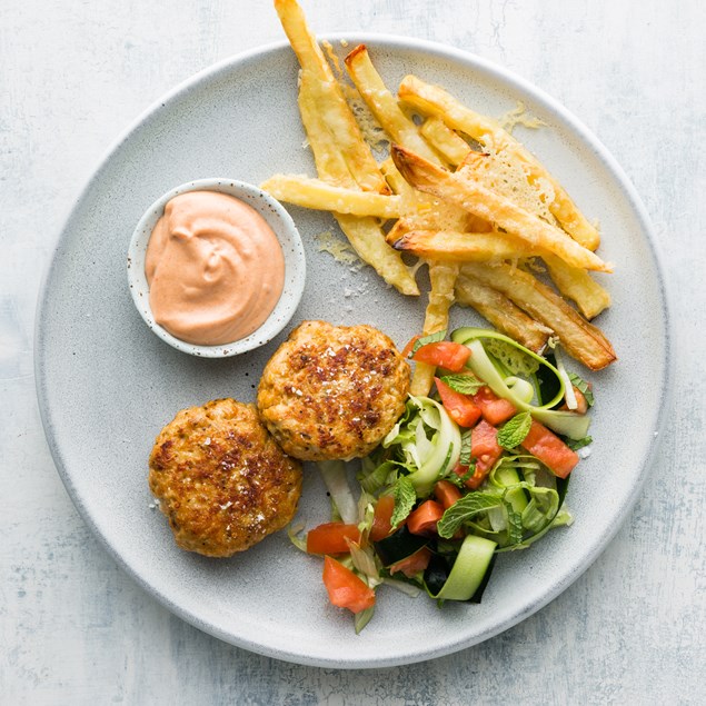 Chicken Rissoles with Cheesy Oven Fries