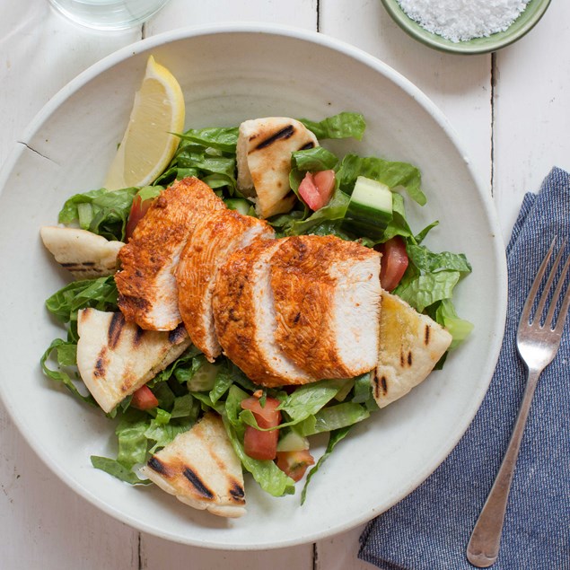 Tandoori Chicken with Chunky Salad and Garlic Pita Wedges