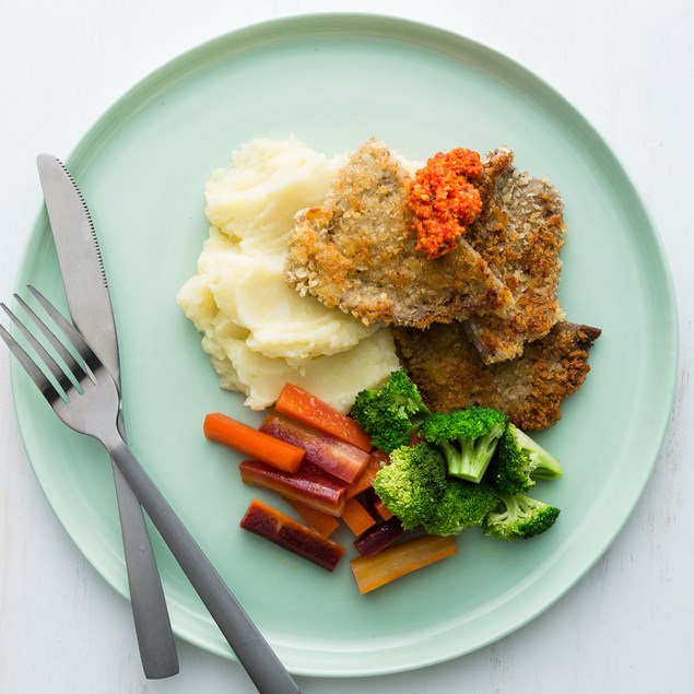 Beef Schnitzel with Romesco Sauce and Glazed Coloured Carrots