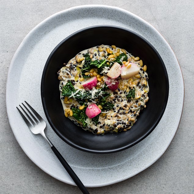 Black Barley Risotto with Caramelised Leeks and Sautéed Cavolo Nero