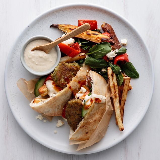 Falafel Pita Pockets with Roast Veggies and Hummus